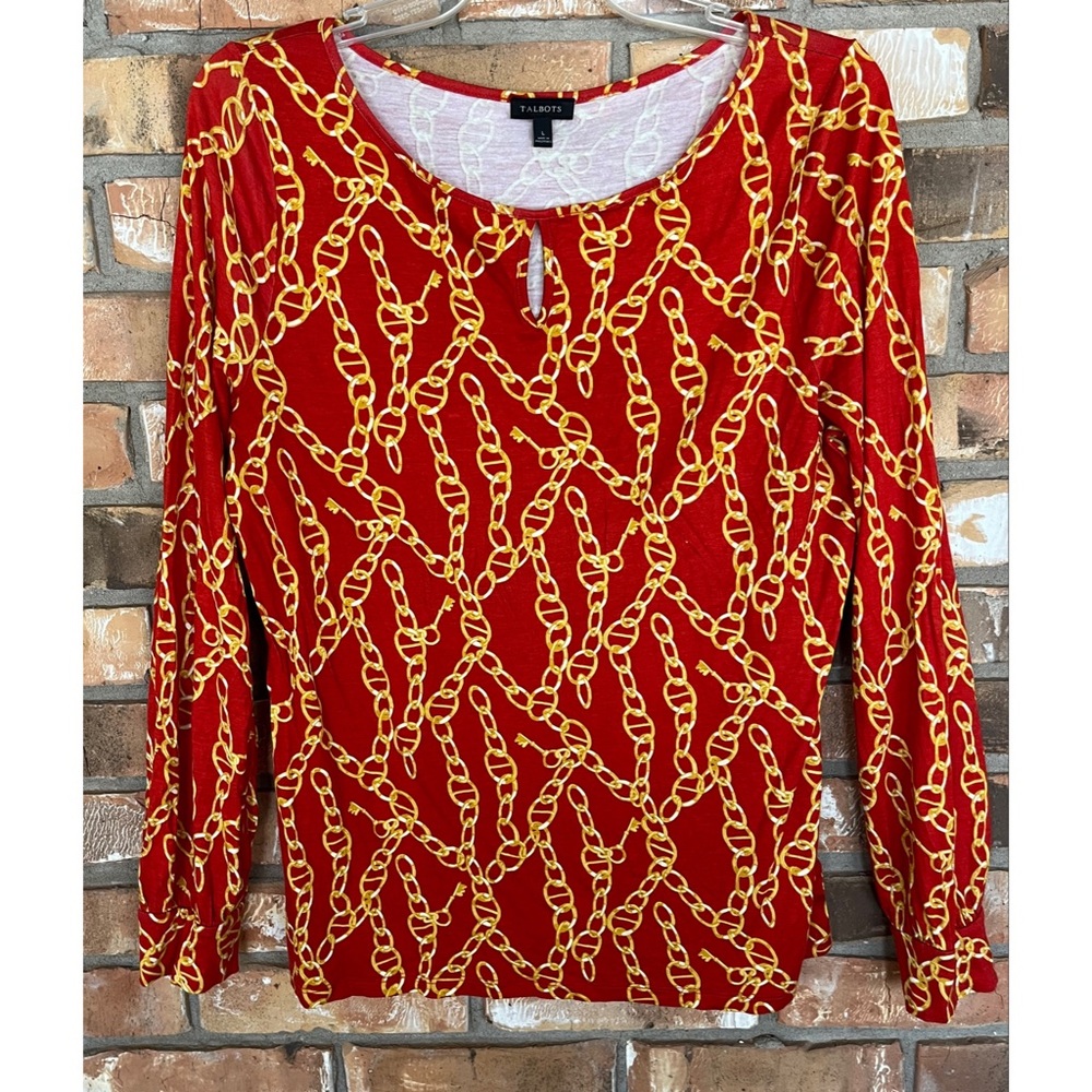 Talbots Women’s Burnt Orange Gold Chain Print Keyhole Knit Long Sleeve Top Large